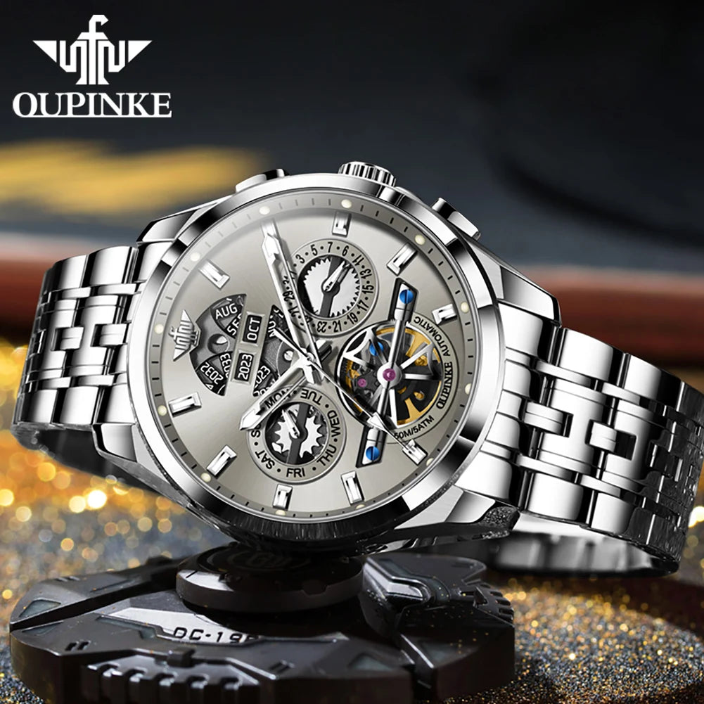 OUPINKE 3251 Original Hollowed Full Automatic Man Watch Stainless Steel Waterproof Anti-Scratch Luxury Men Mechanical Wristclock