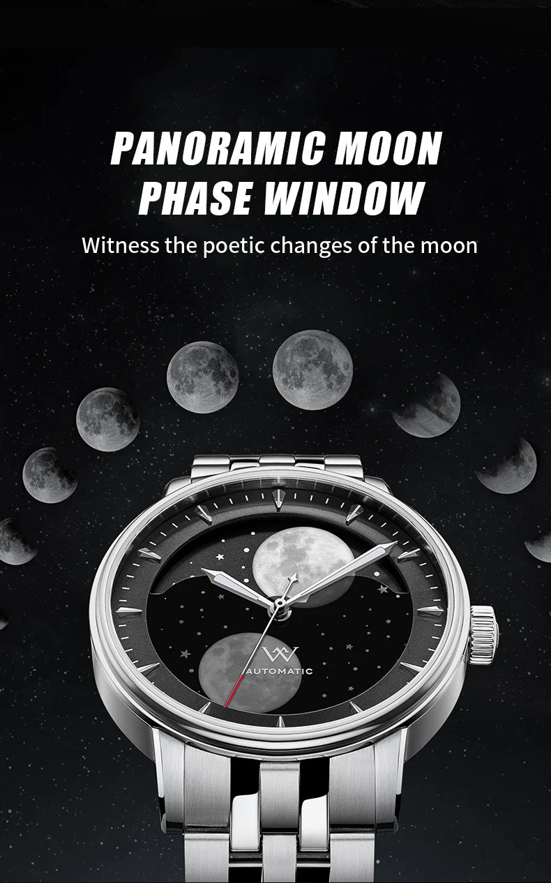 WM Watch Automatic Mechanical Watches Men Lunar Moon Phase Sapphire Waterproof Man Luminous Twin Moons Welly Merck Watch WM142