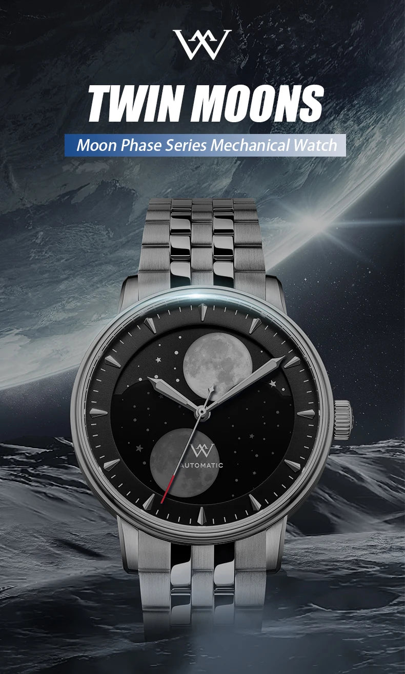 WM Watch Automatic Mechanical Watches Men Lunar Moon Phase Sapphire Waterproof Man Luminous Twin Moons Welly Merck Watch WM142