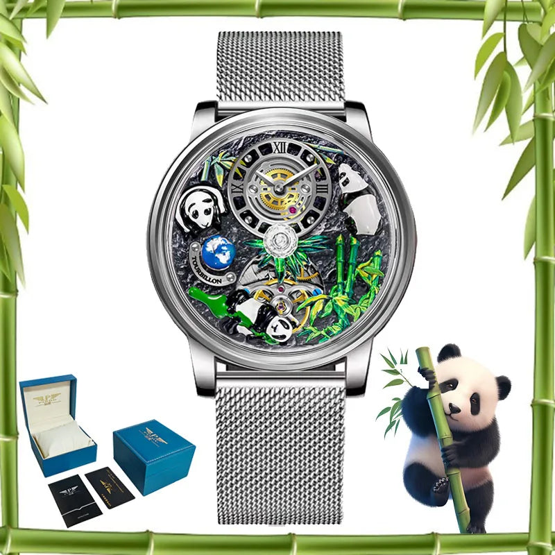 PINDU Design Panda Elements New Watch Mechanical Watch Crystal Blue Planet Theme Three-Dimensional Dial Watches Men Montre Homme