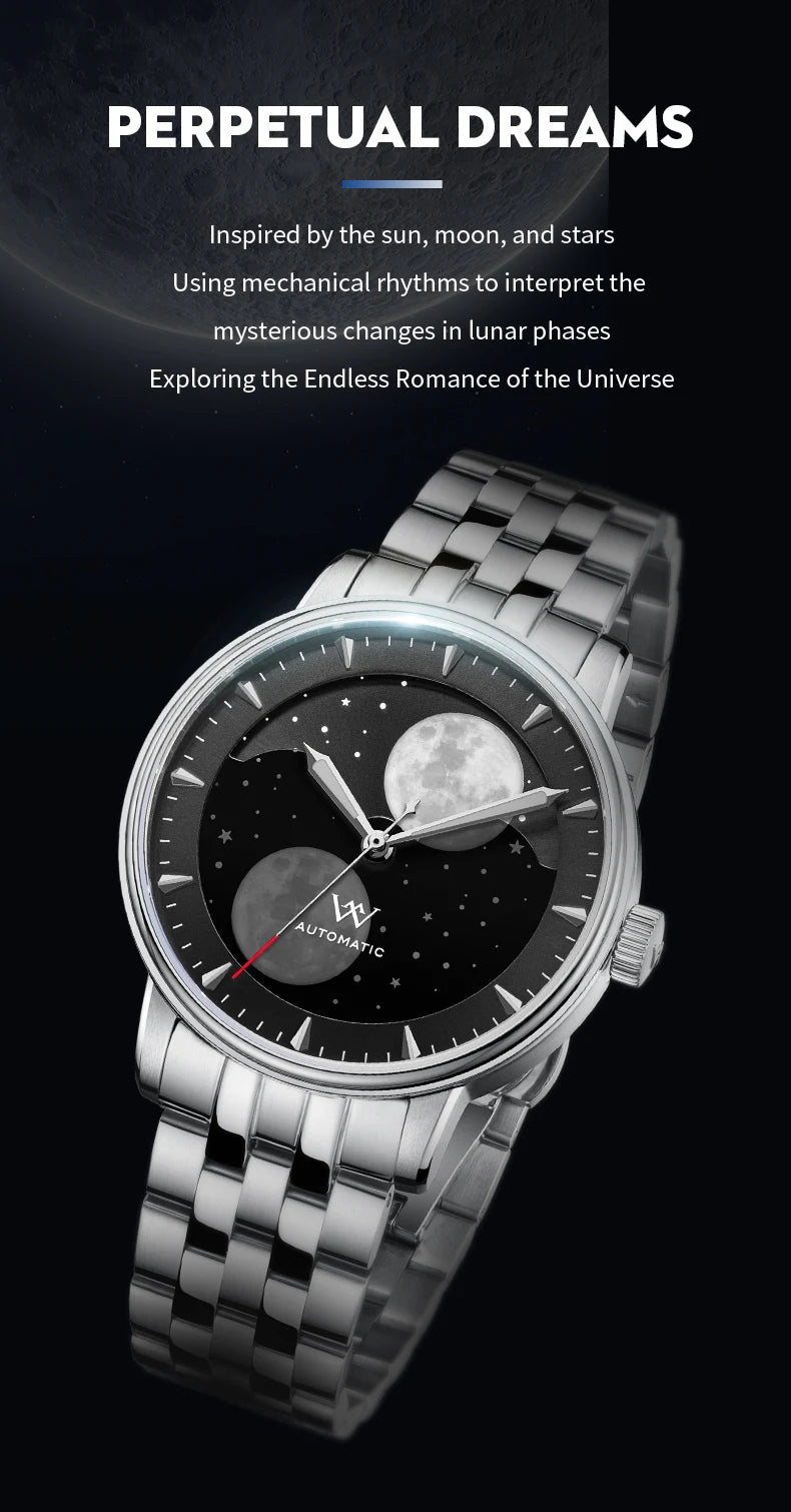 WM Watch Automatic Mechanical Watches Men Lunar Moon Phase Sapphire Waterproof Man Luminous Twin Moons Welly Merck Watch WM142