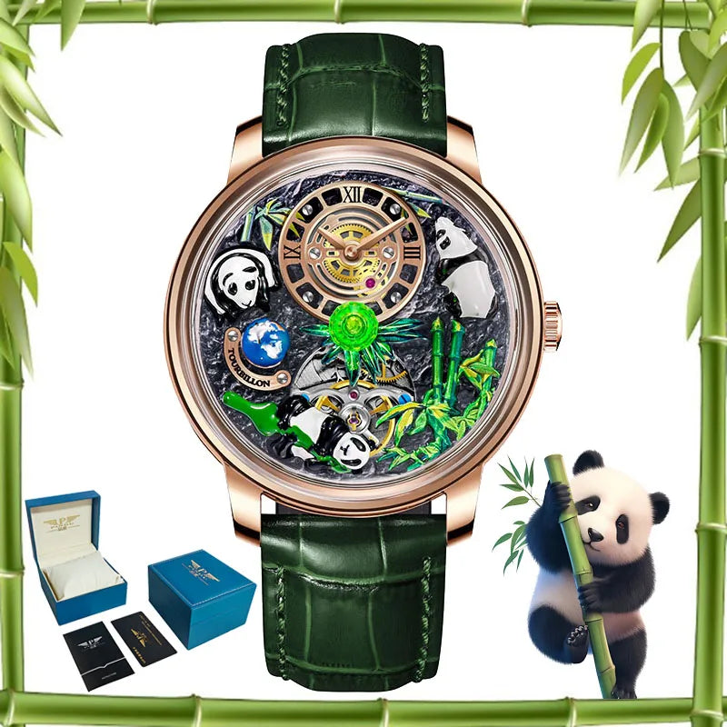 PINDU Design Panda Elements New Watch Mechanical Watch Crystal Blue Planet Theme Three-Dimensional Dial Watches Men Montre Homme