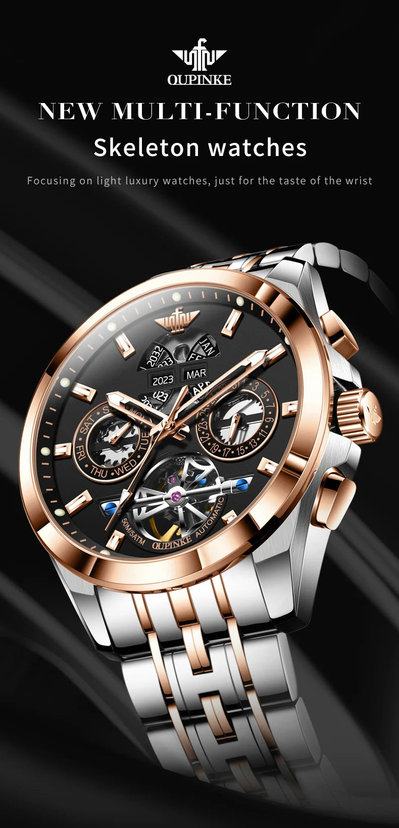 OUPINKE 3251 Original Hollowed Full Automatic Man Watch Stainless Steel Waterproof Anti-Scratch Luxury Men Mechanical Wristclock