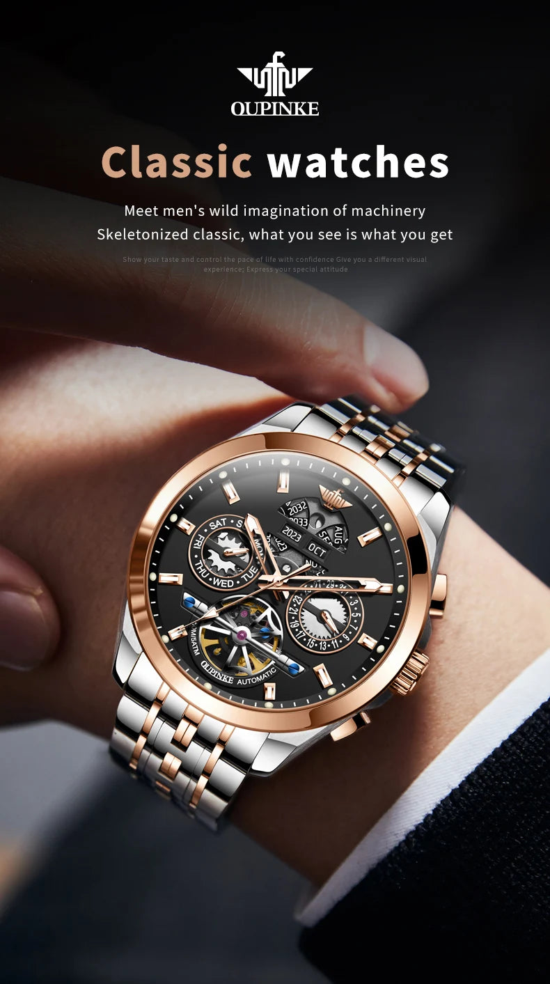 OUPINKE 3251 Original Hollowed Full Automatic Man Watch Stainless Steel Waterproof Anti-Scratch Luxury Men Mechanical Wristclock
