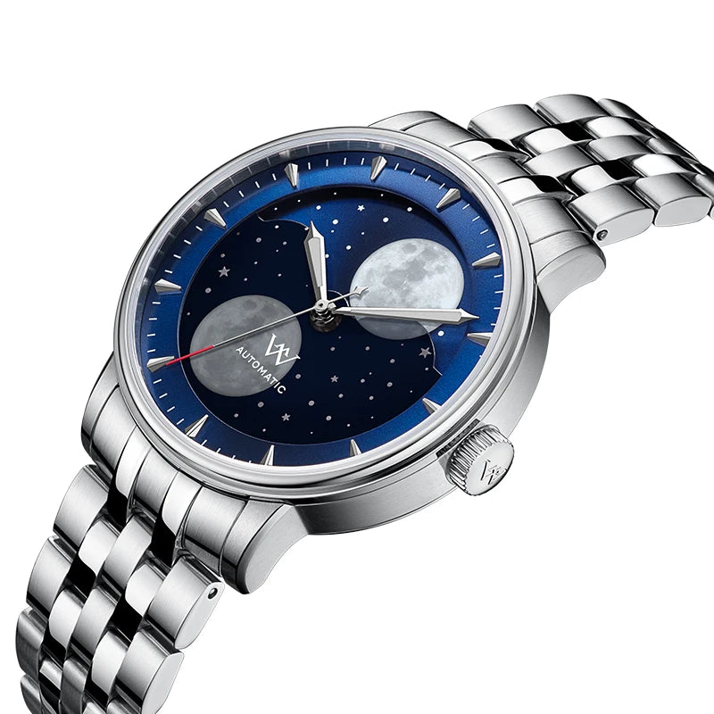 WM Watch Automatic Mechanical Watches Men Lunar Moon Phase Sapphire Waterproof Man Luminous Twin Moons Welly Merck Watch WM142