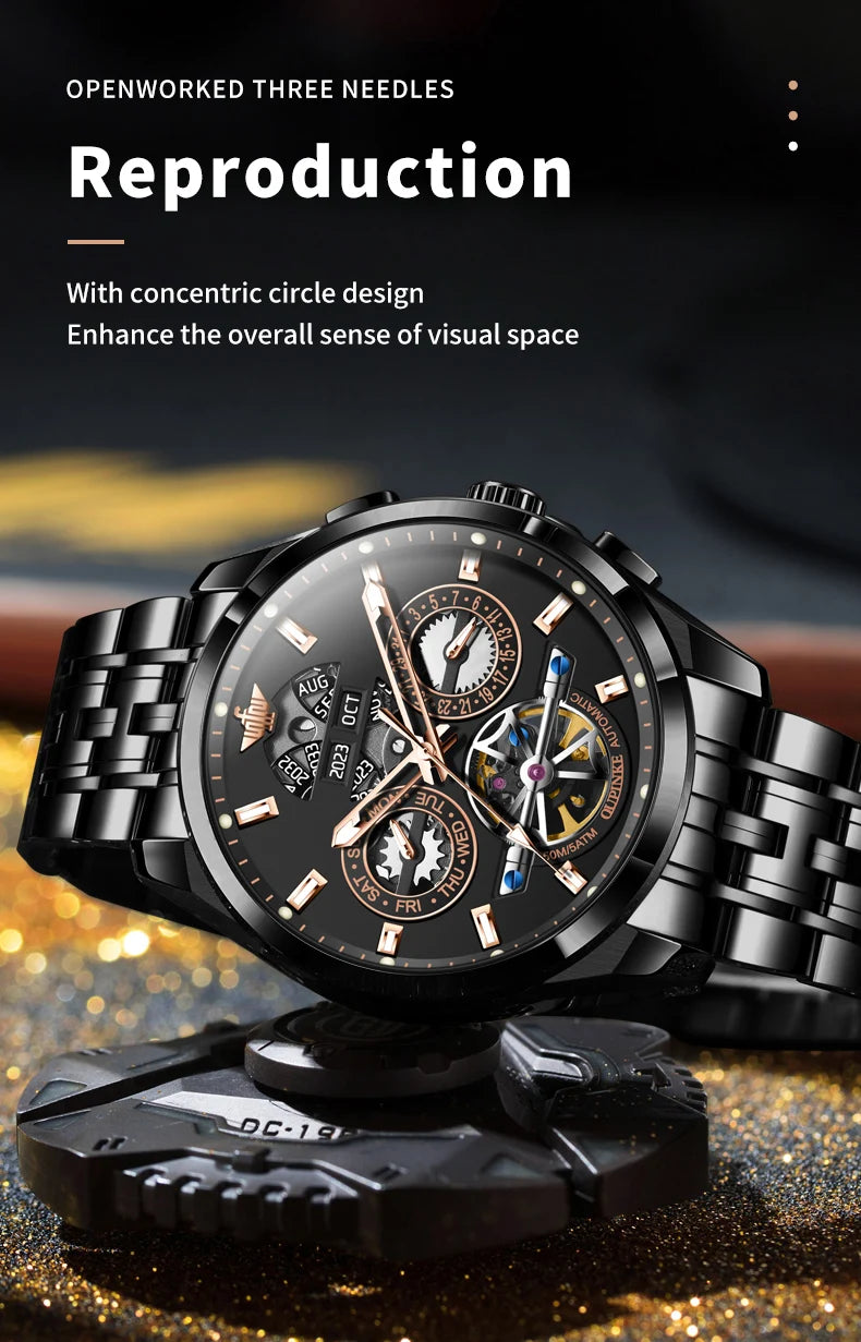 OUPINKE 3251 Original Hollowed Full Automatic Man Watch Stainless Steel Waterproof Anti-Scratch Luxury Men Mechanical Wristclock
