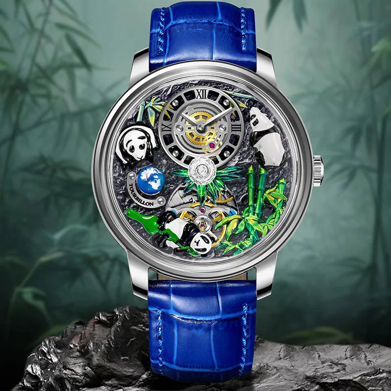 PINDU Design Panda Elements New Watch Mechanical Watch Crystal Blue Planet Theme Three-Dimensional Dial Watches Men Montre Homme