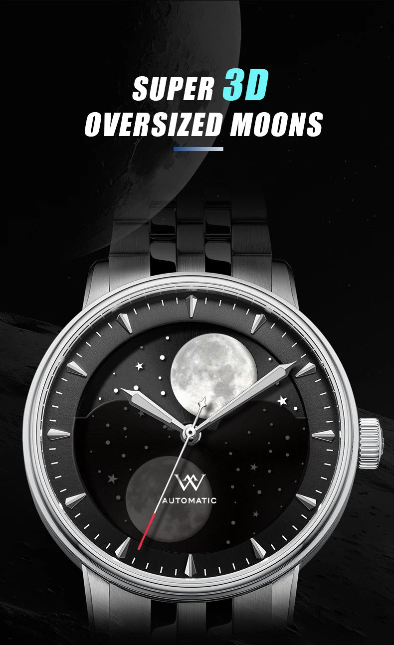 WM Watch Automatic Mechanical Watches Men Lunar Moon Phase Sapphire Waterproof Man Luminous Twin Moons Welly Merck Watch WM142