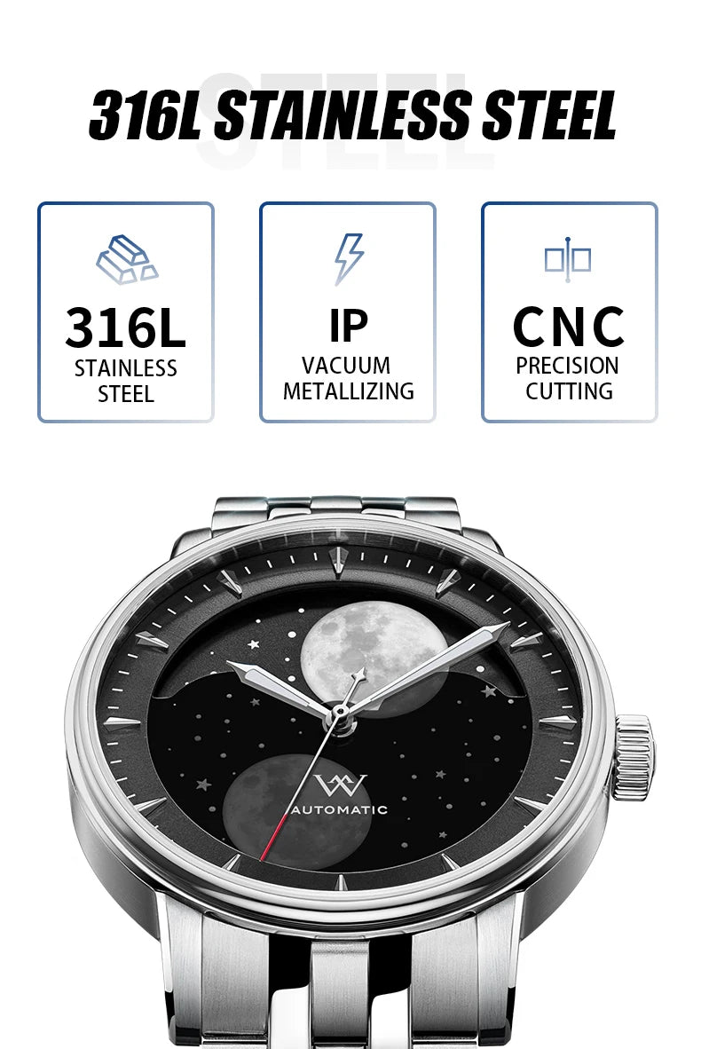WM Watch Automatic Mechanical Watches Men Lunar Moon Phase Sapphire Waterproof Man Luminous Twin Moons Welly Merck Watch WM142