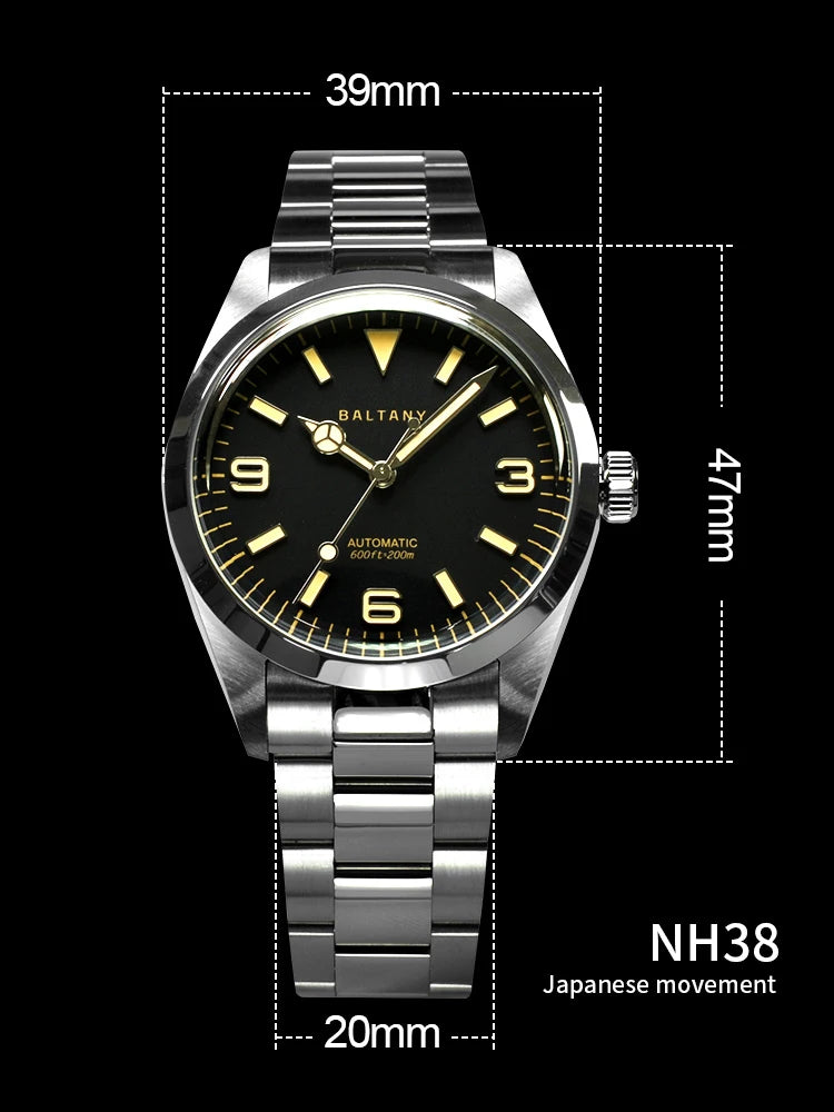 Baltany 39MM Explorer Watches Man S4035 NH38 Automatic Stainless Steel Bracelet Waterproof 200m Luxury Mechanical Wristwatch Man