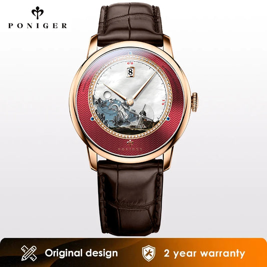 Poniger Men's Automatic Mechanical Watch - Luxury Waterproof Leather Strap Fashion Dress Wristwatch for Males