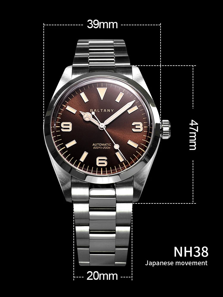 Baltany 39MM Explorer Watches Man S4035 NH38 Automatic Stainless Steel Bracelet Waterproof 200m Luxury Mechanical Wristwatch Man