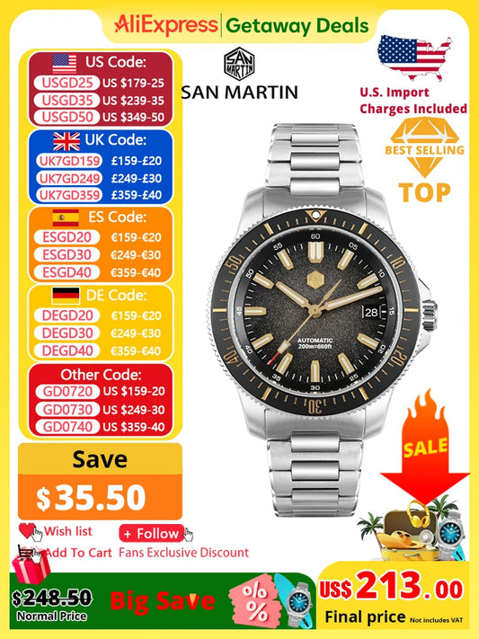 San Martin 2025 New Upgraded Version 40mm Dive Watch Men Original Design NH35 Automatic Mechanical Waterproof 200m SN0118