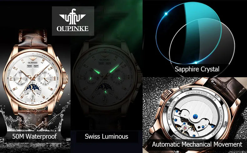 OUPINKE 3189 Mens Watch Original Brand Automatic Mechanical Watch Waterproof Luminous Watches Luxury Men Multifunctional Watches