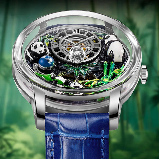 PINDU Design Panda Elements New Watch Mechanical Watch Crystal Blue Planet Theme Three-Dimensional Dial Watches Men Montre Homme