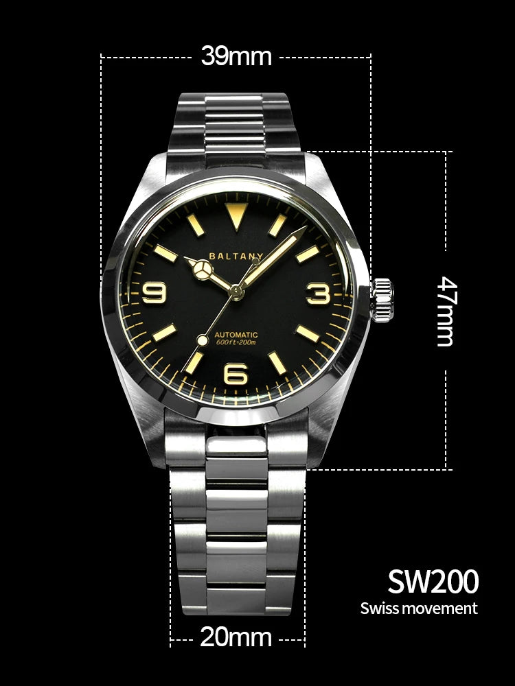 Baltany 39MM Explorer Watches Man S4035 NH38 Automatic Stainless Steel Bracelet Waterproof 200m Luxury Mechanical Wristwatch Man